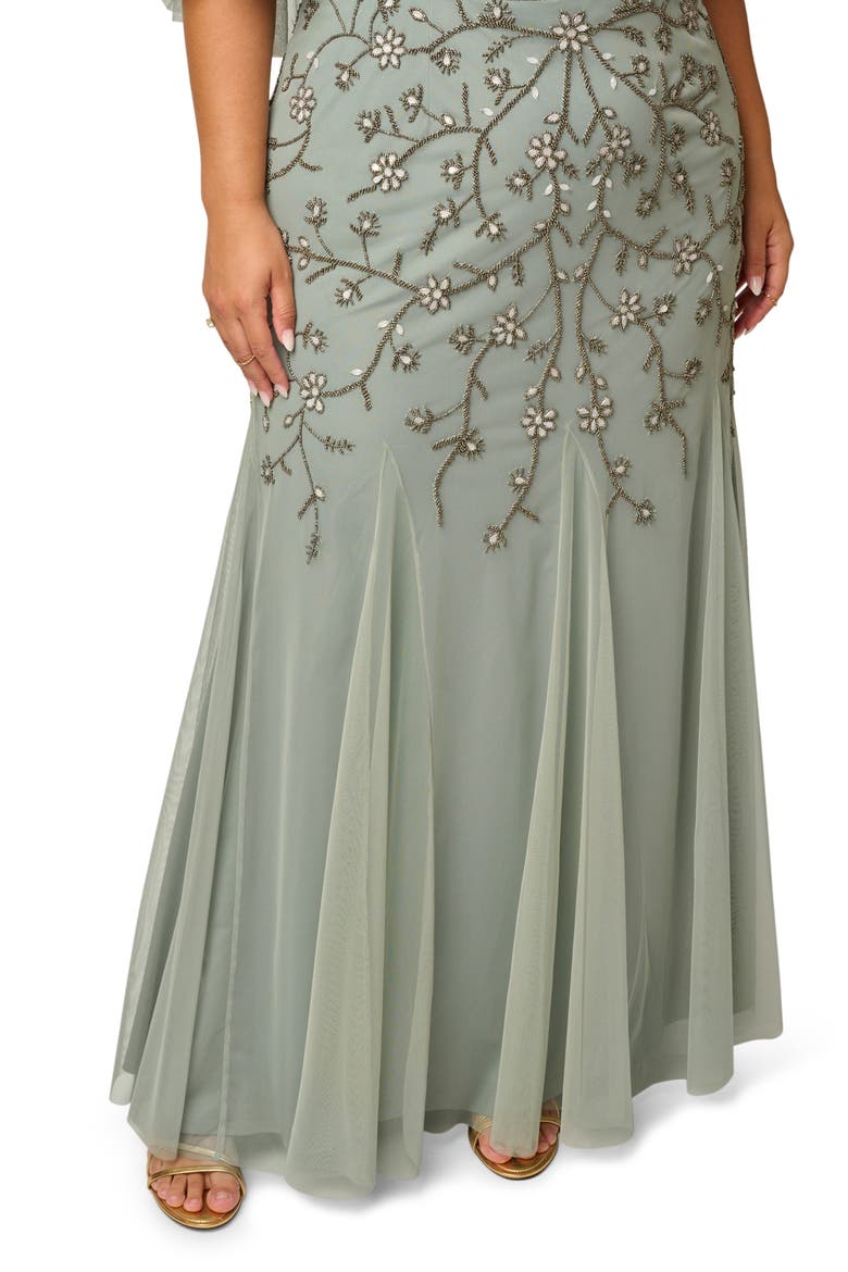 Beaded Mesh Cape Sleeve Gown, Alternate, color, SAGE