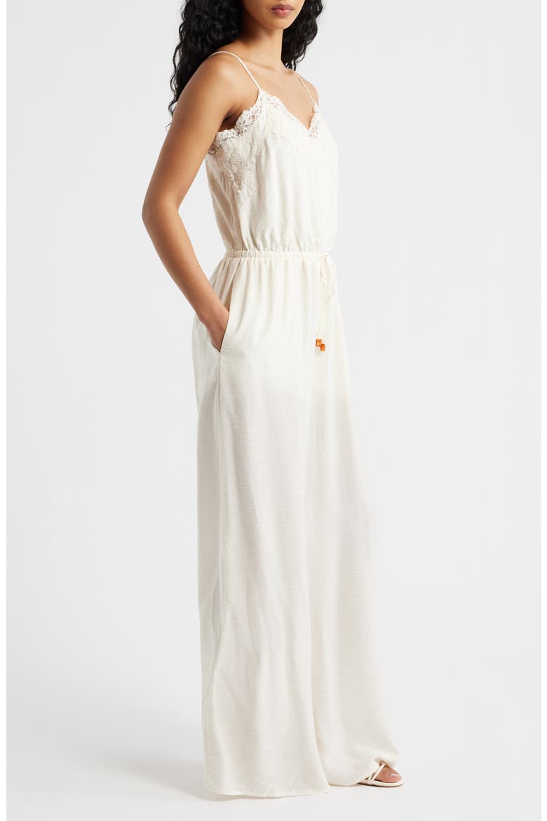 Wide Leg Lace & Satin Jumpsuit, Alternate, color, EGRET