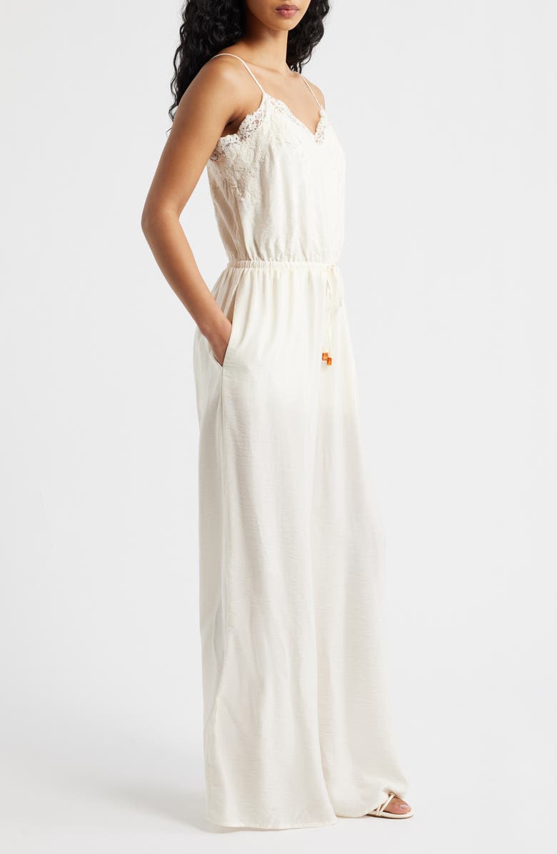 KITTENISH Wide Leg Lace & Satin Jumpsuit, Alternate, color, Egret