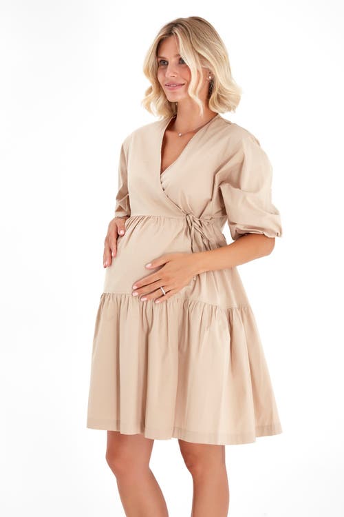 Accouchée Waterfall Tie Waist A-line Maternity/nursing Wrap Dress In Neutral