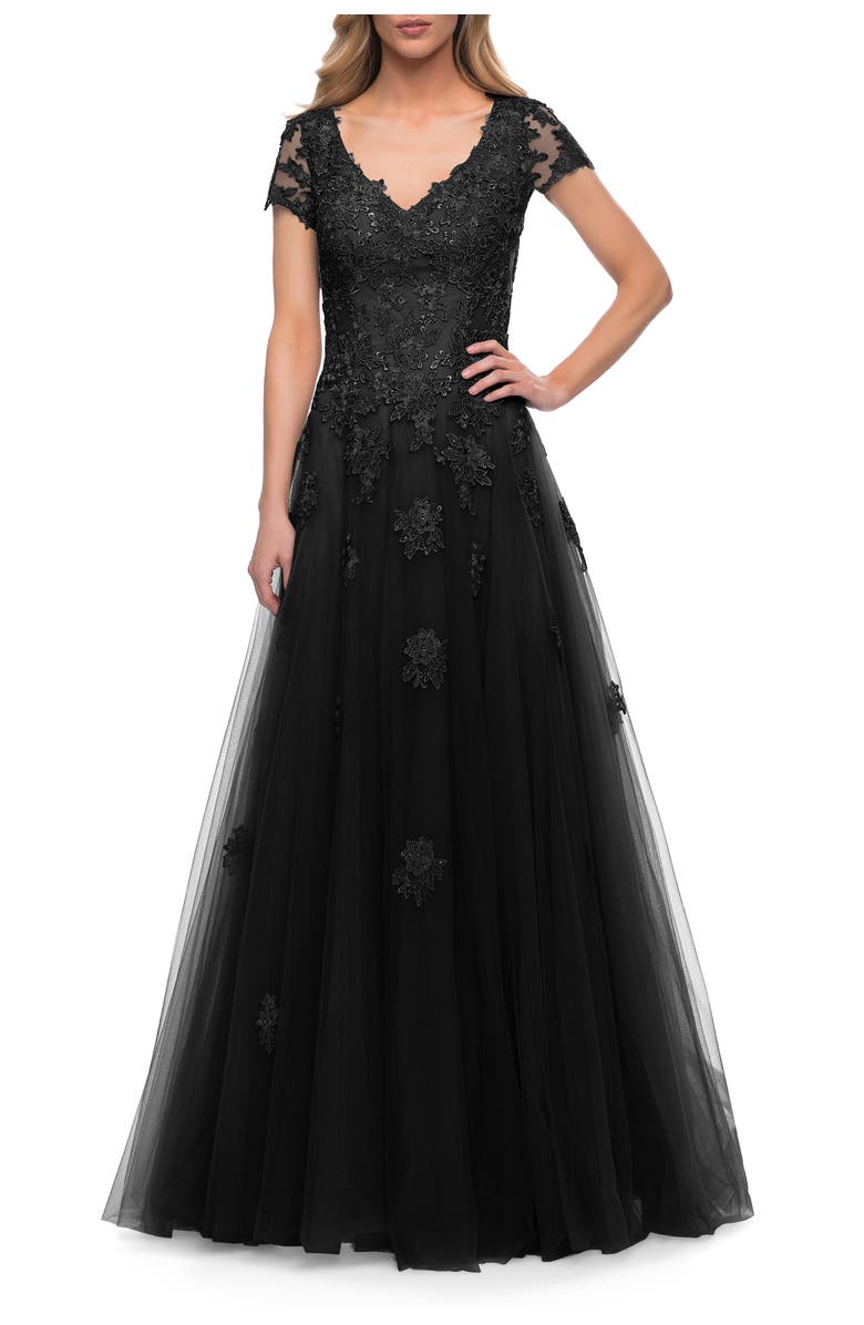 La Femme Tulle A Line Gown with Lace Applique and V Neck, Main, color, Black