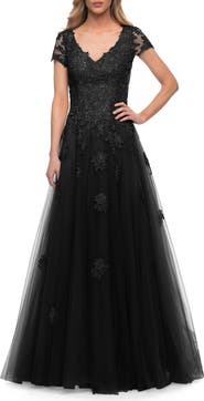 La Femme Tulle A Line Gown with Lace Applique and V Neck