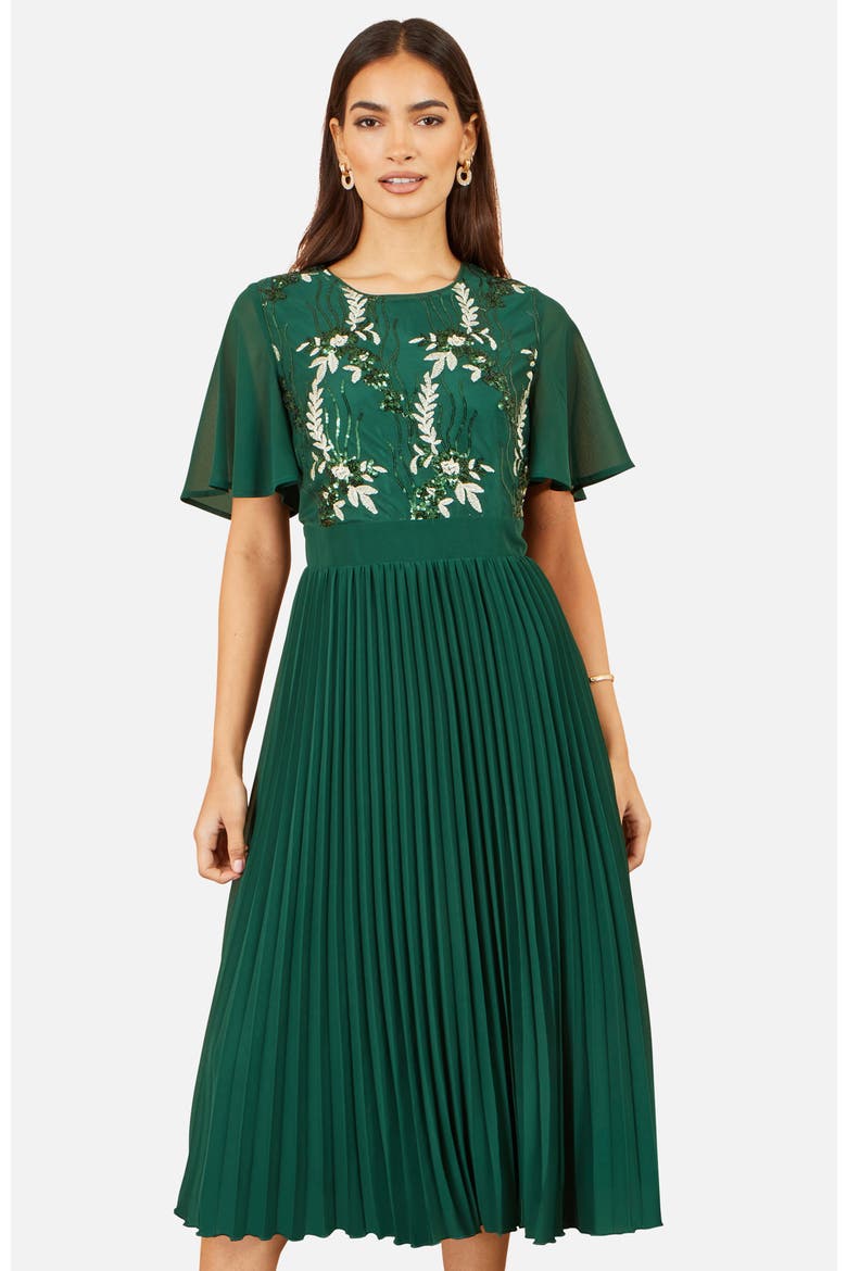 Sequin Embroidered Pleated Midi Dress, Alternate, color, Green