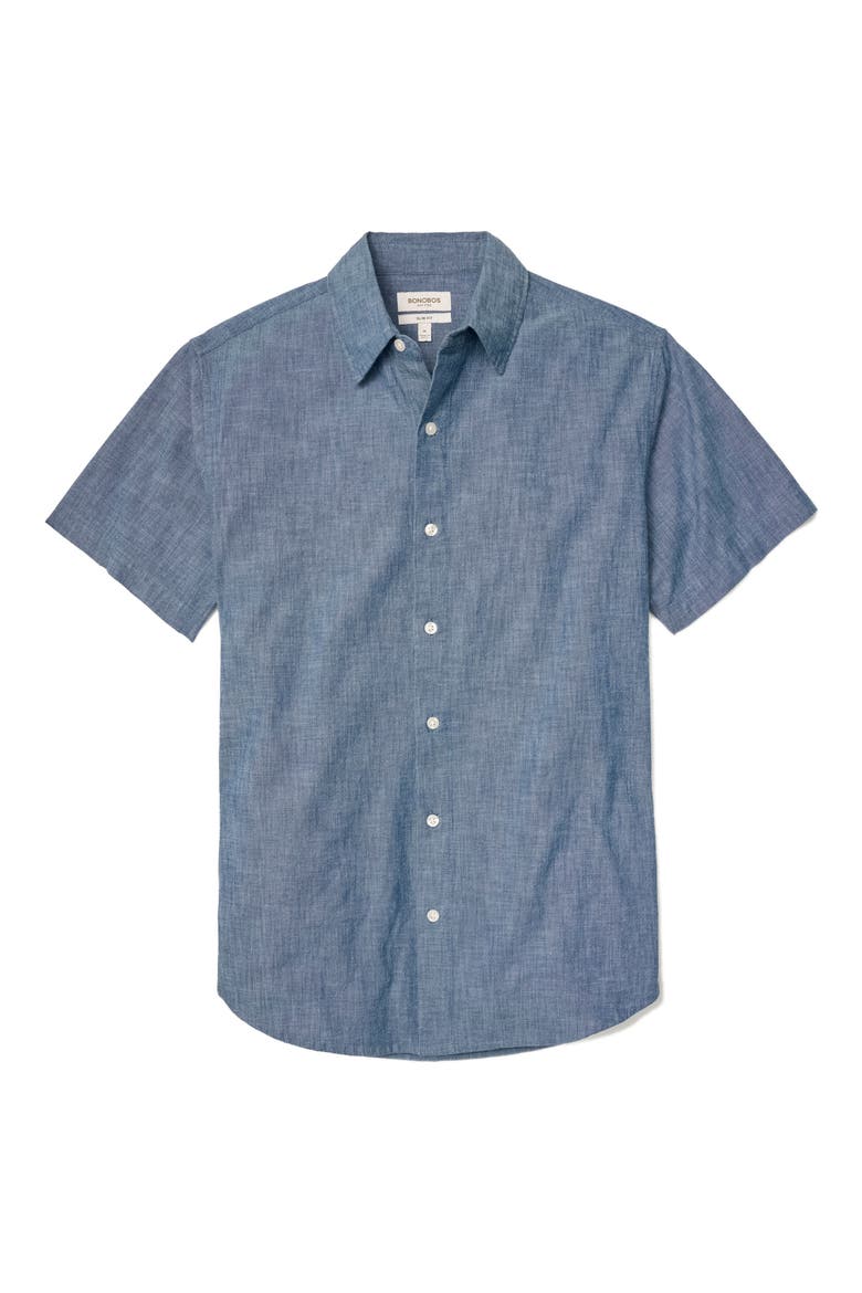Riviera Slim Fit Short Sleeve Cotton Chambray Button-Up Shirt, Alternate, color, DARKWASH CHAMBRAY