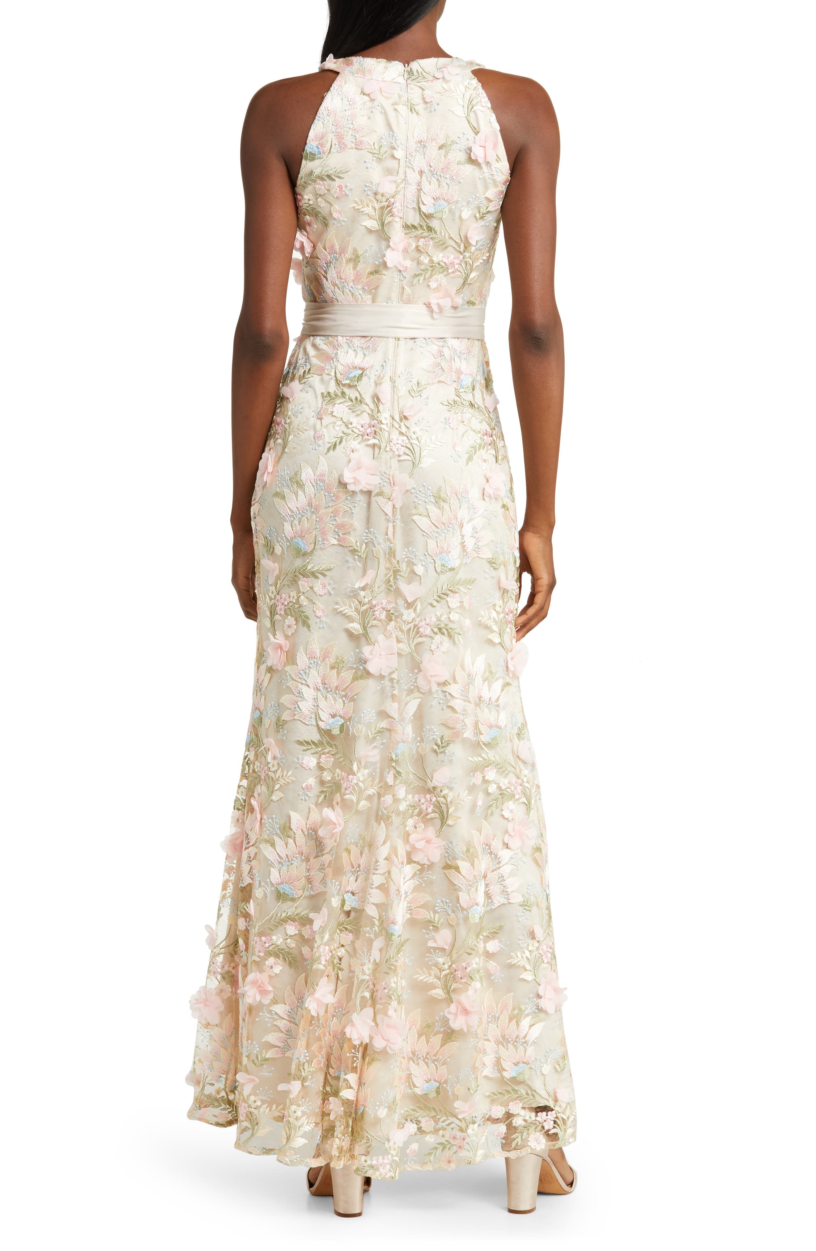 sheer halter neck 3d floral embroidered dress with high-low hem Zolique Women's 3d Floral Embroidered Halter Neck Dress
