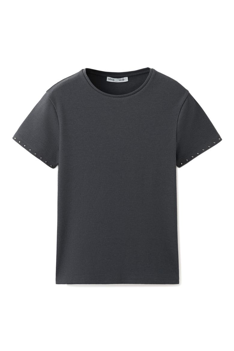 Studded Trim Stretch Cotton Blend Rib Crop T-Shirt, Alternate, color, CHARCOAL