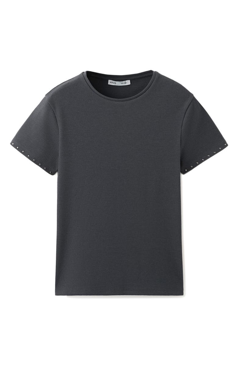 MANGO <p>Studded Trim Stretch Cotton Blend Rib Crop T-Shirt</p>, Alternate, color, Charcoal