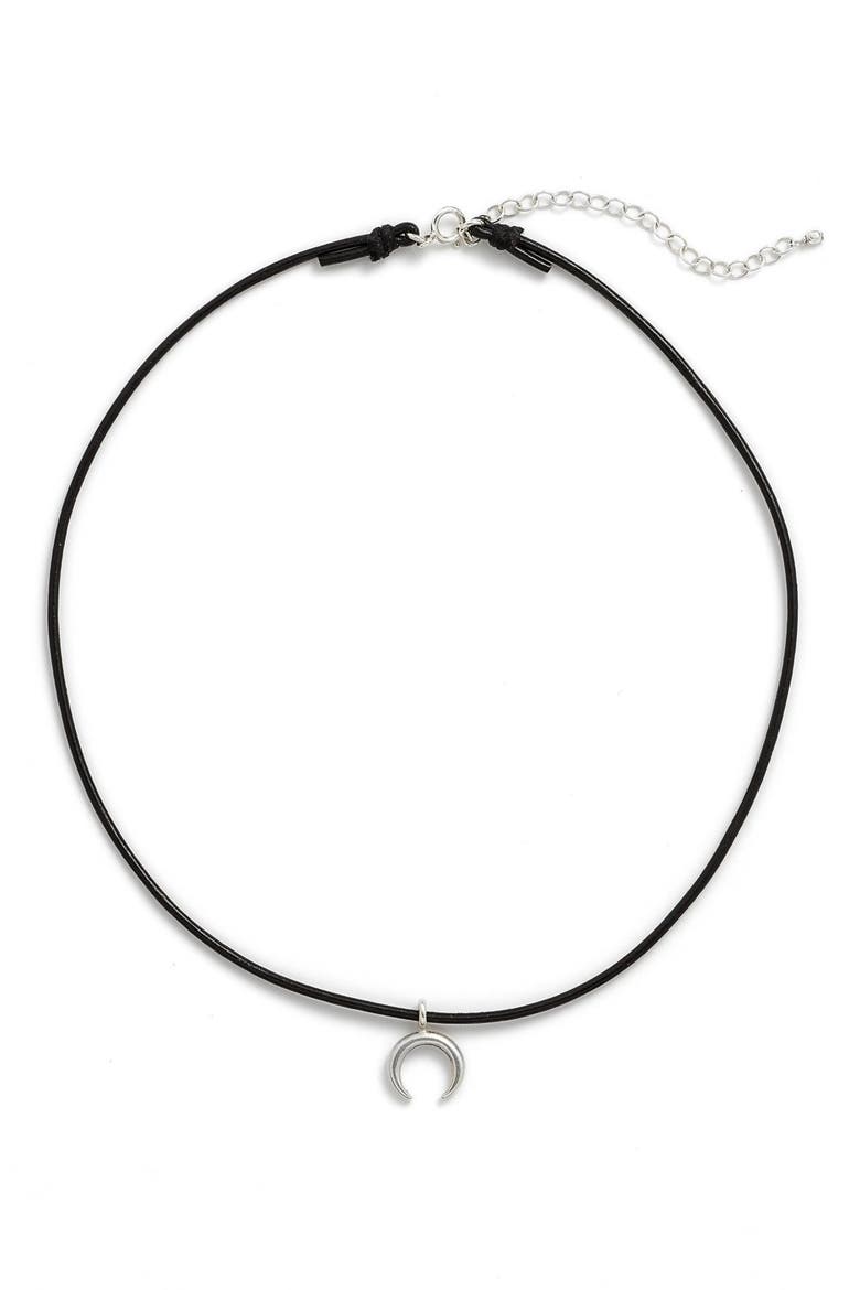 Crescent Moon Leather Choker, Alternate, color, SILVER