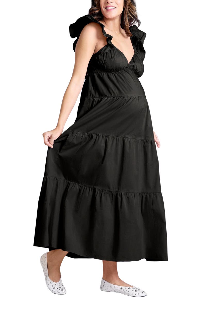 MOTHERHOOD MATERNITY Ruffle Sleeve Tie-Back Maternity Maxi Dress, Alternate, color, Black