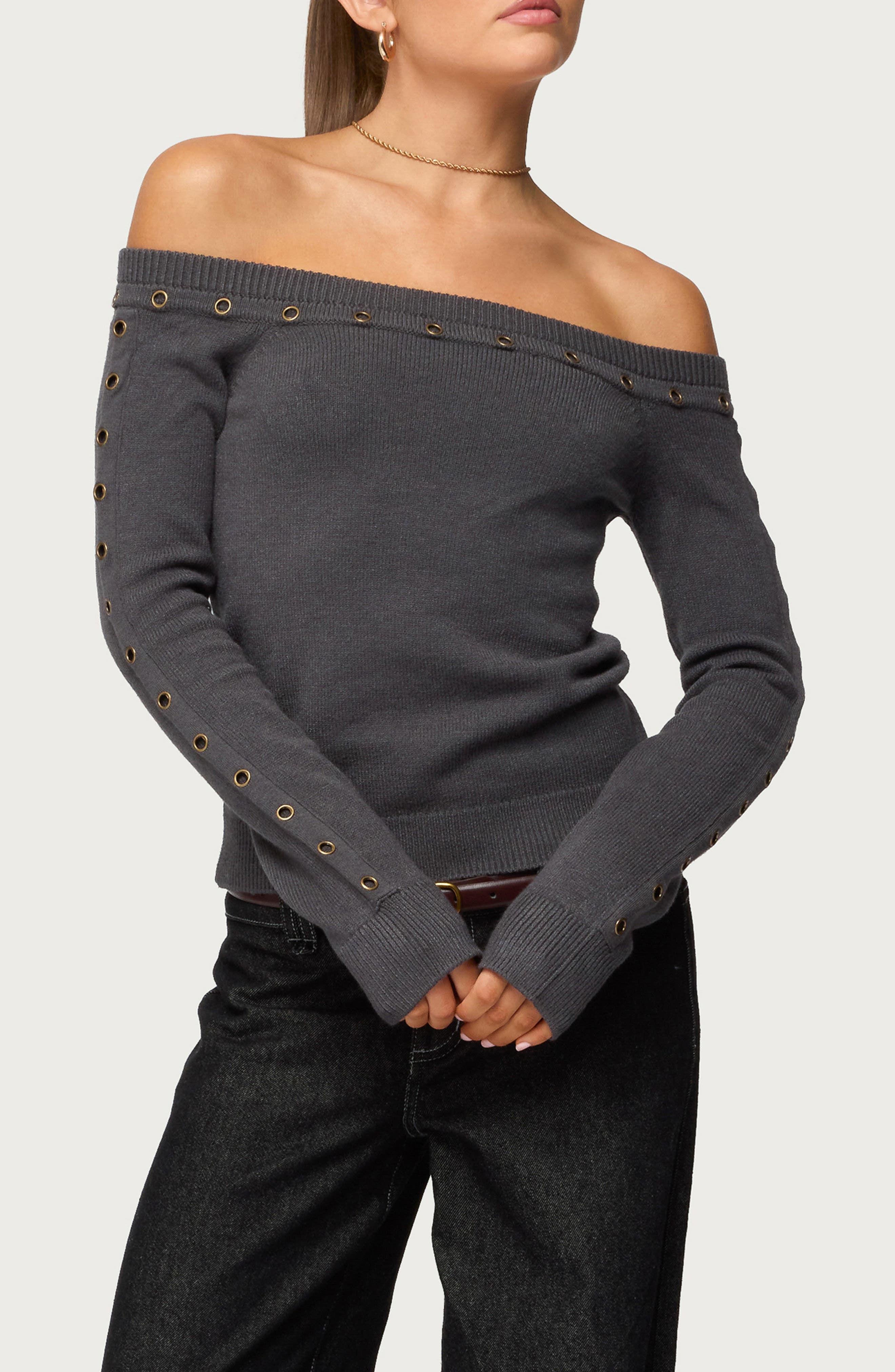 Morgen Grommet Embellished Off the Shoulder Sweater