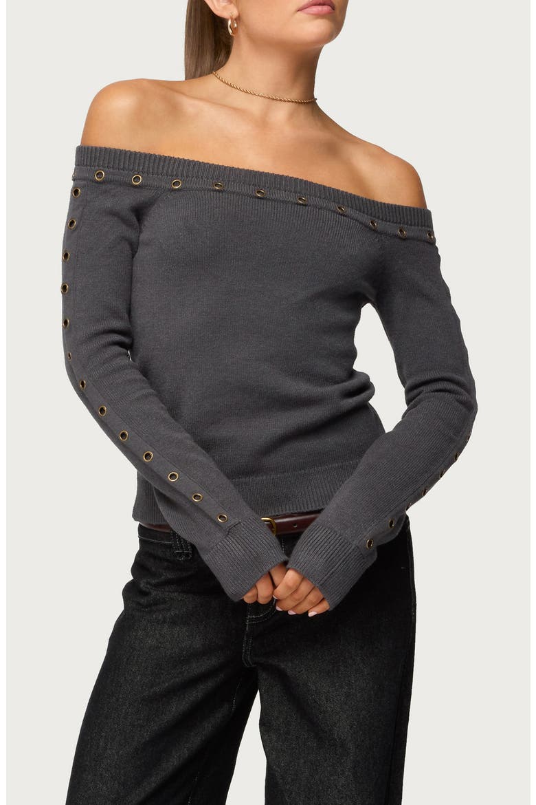 Morgen Grommet Embellished Off the Shoulder Sweater, Main, color, DARK-GRAY
