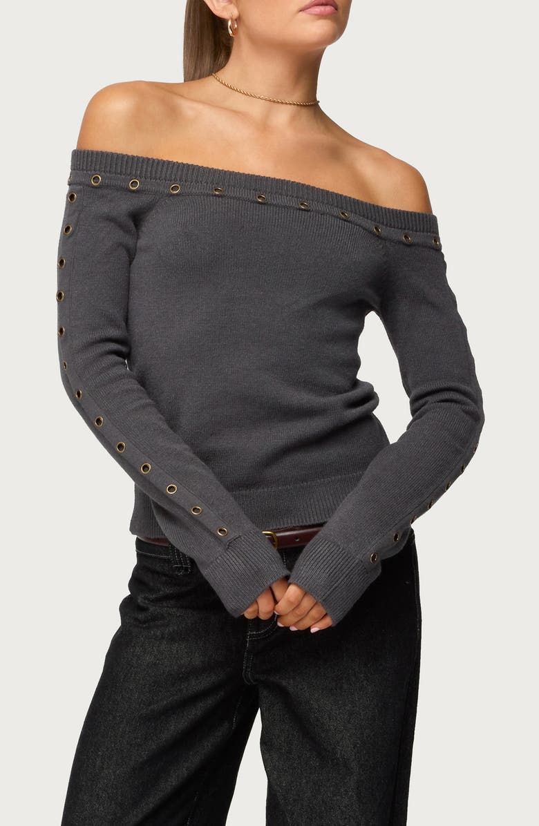 EDIKTED Morgen Grommet Embellished Off the Shoulder Sweater, Main, color, 