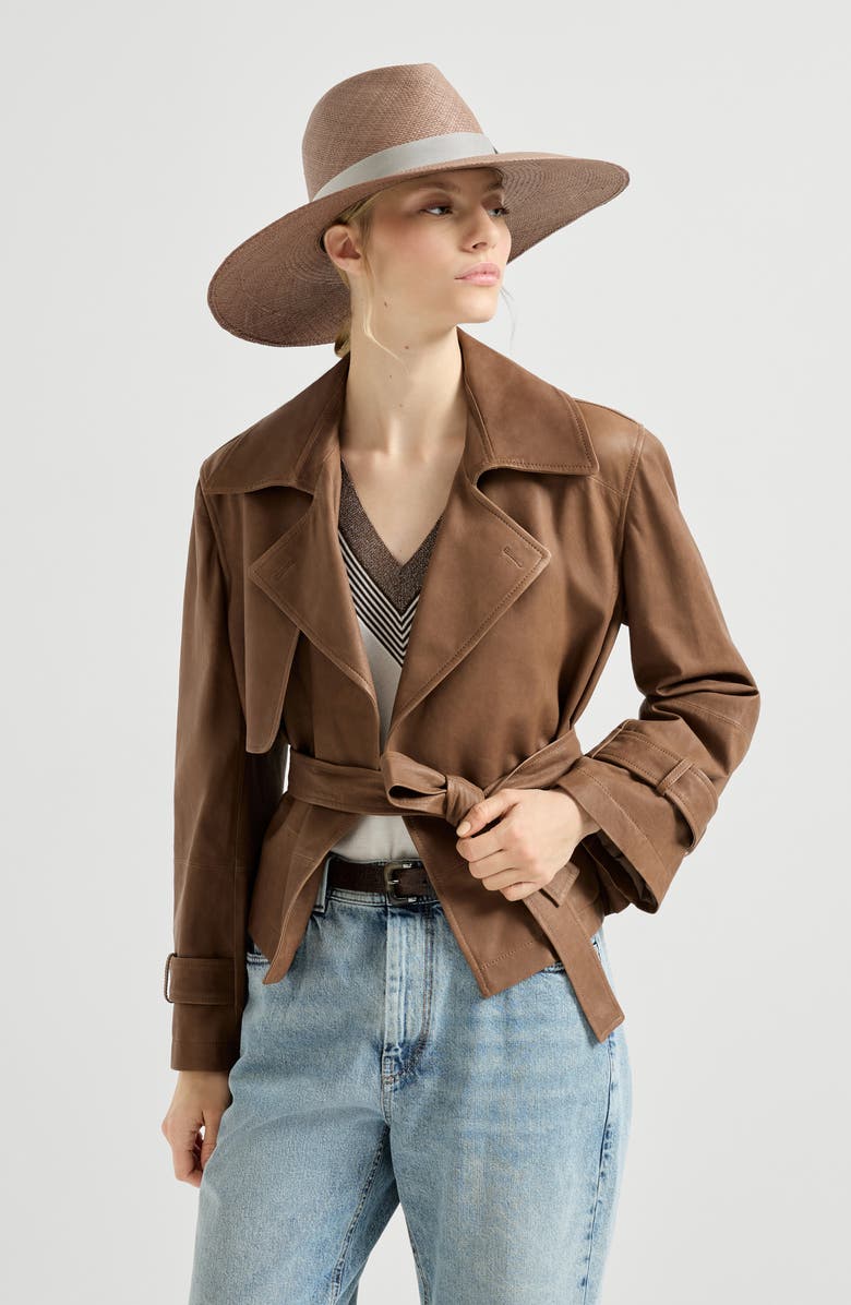 Brunello Cucinelli Vintage nappa Crop trenchcoat, Alternate, color, Brown