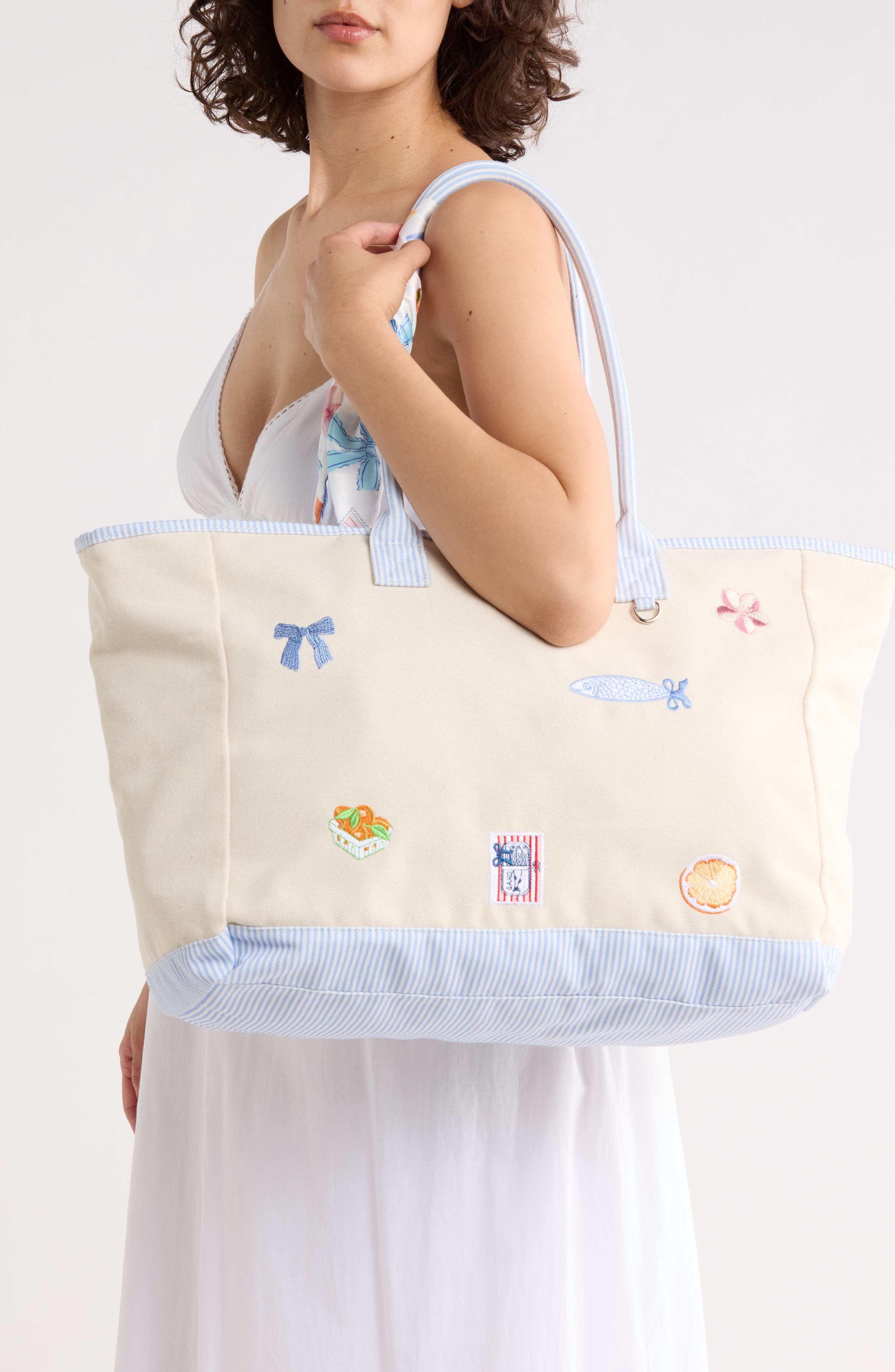 Madden Girl Embroidered Canvas Tote Bag, Alternate, color, Natural Blue Stripe