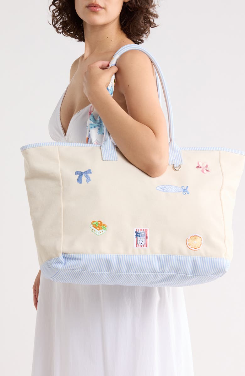 Madden Girl Embroidered Canvas Tote Bag, Alternate, color, Natural Blue Stripe