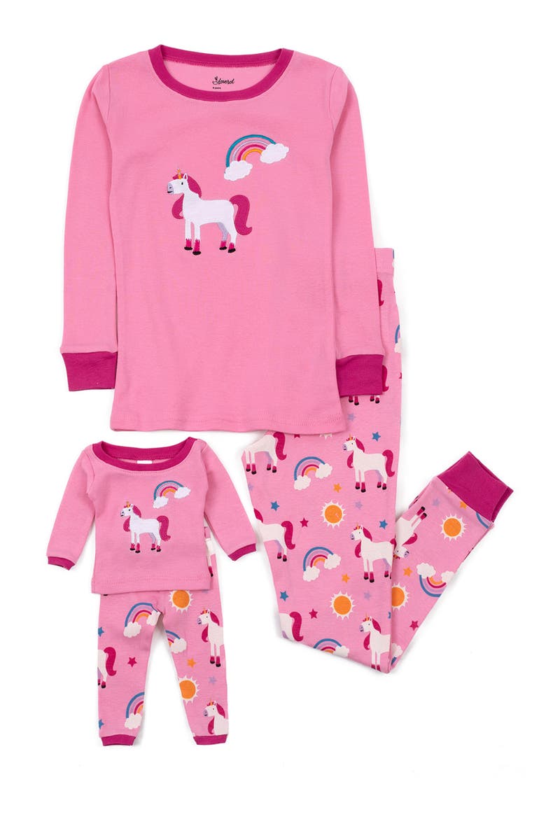 Girls 2-pc. Cotton Pajamas with Matching Doll Accessory - Unicorn & Fantasy Prints, Main, color, PINK
