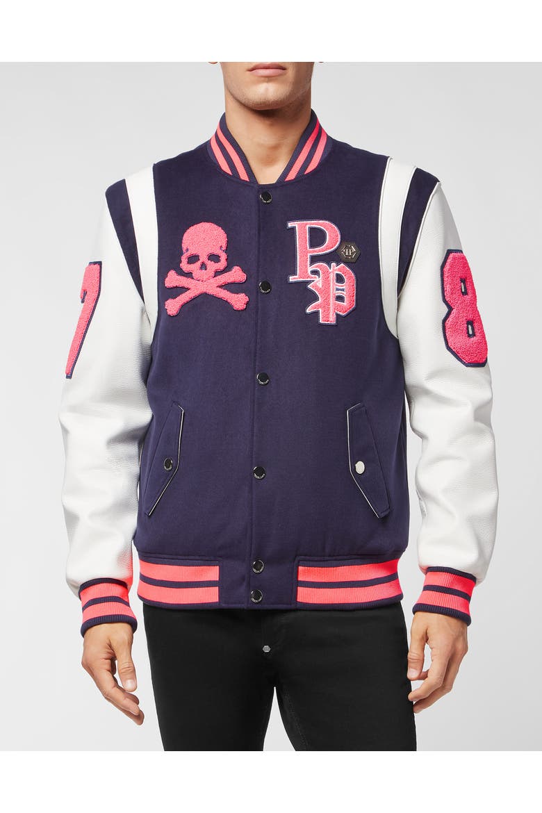 Embroidered Patch Varsity Jacket College Men, Main, color, darkblue