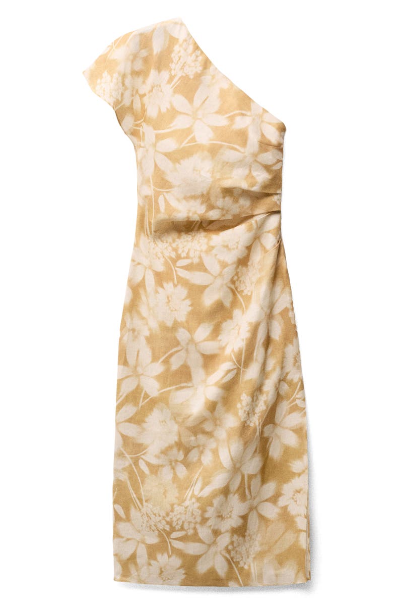 MANGO Floral Linen One-Shoulder Dress, Alternate, color, Mustard