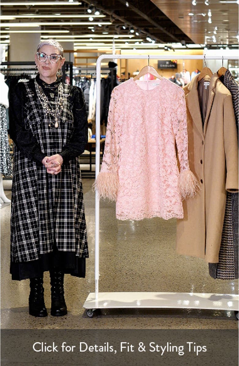 Lorie Feather Trim Long Sleeve Lace Minidress, sales video thumbnail