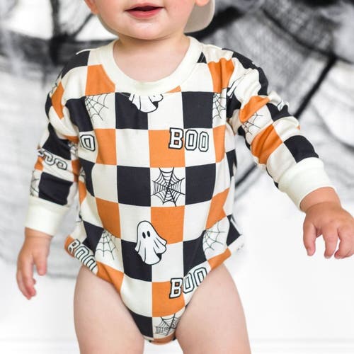 Sweet Wink Boo Checkered Halloween Long Sleeve Romper In Neutral