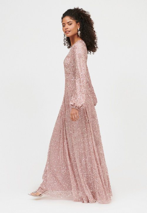 Shop Maryisa Occasion Modest Embellished Sequin Beaded Floral Evening Dress In Frosted Pink