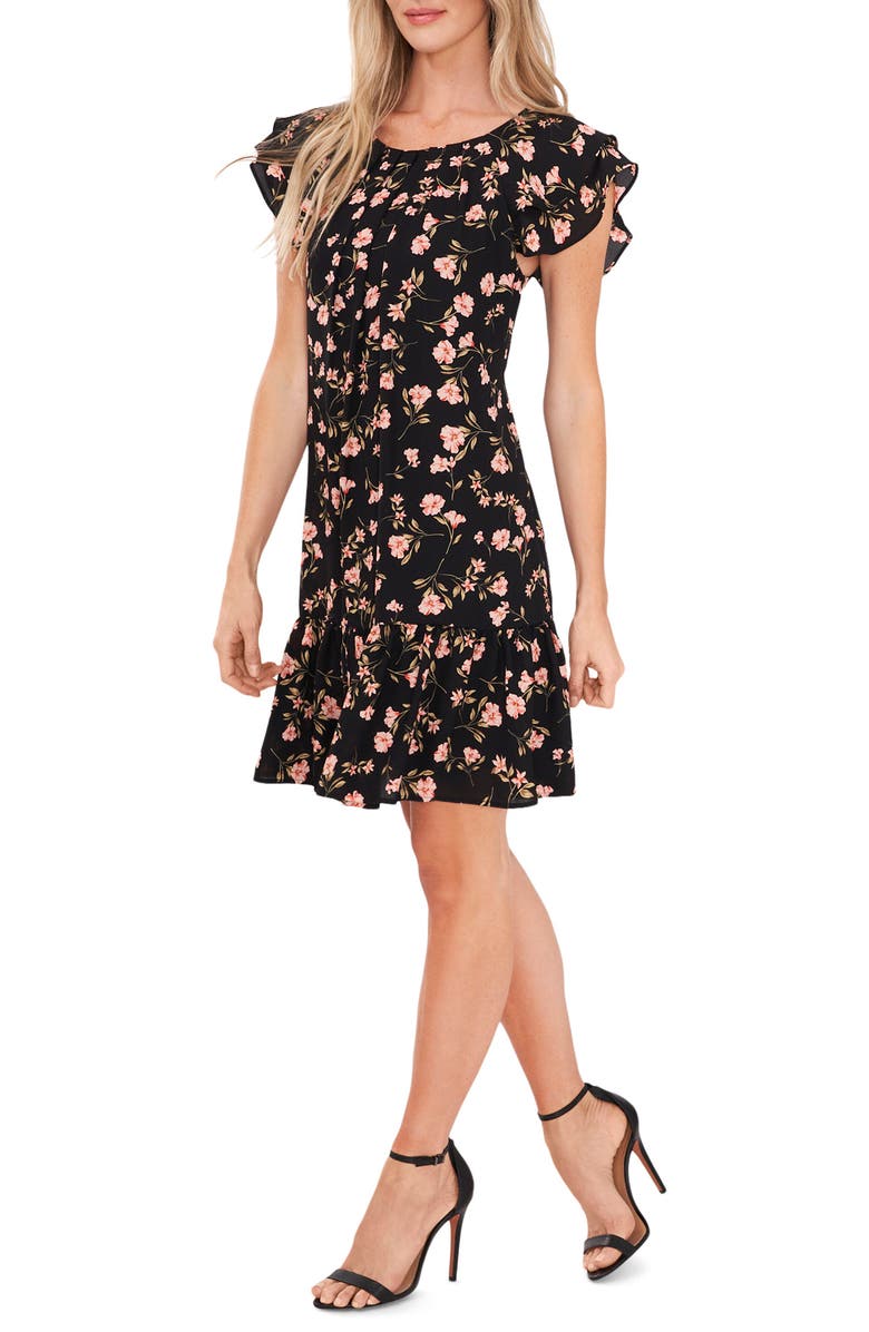 CeCe Tiered Flutter Sleeve Floral A-Line Dress, Main, color, 