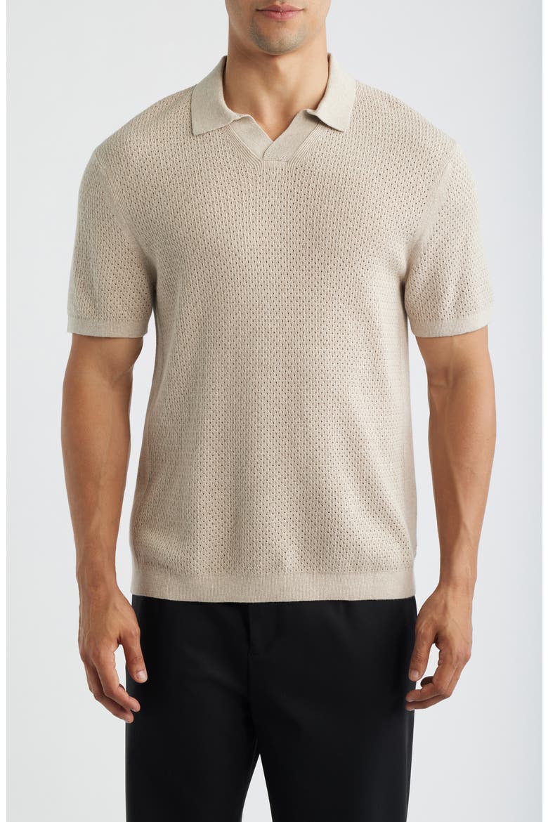 Victor Johnny Collar Cotton & Linen Mesh Stitch Polo Sweater, Main, color, HEATHER OATMEAL