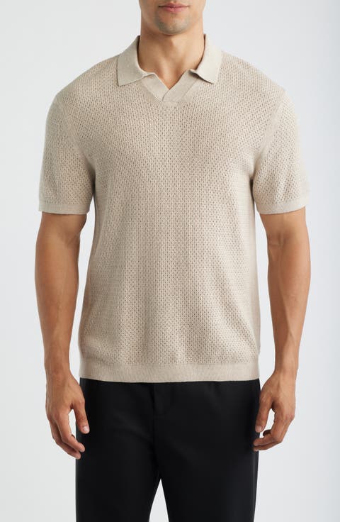 Victor Johnny Collar Cotton & Linen Mesh Stitch Polo Sweater