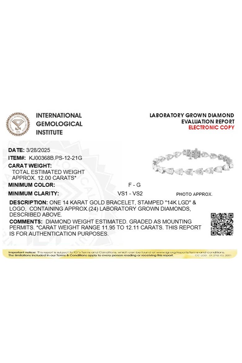 IGI Certified 14K White Gold 12.0 Cttw Pear Cut Lab Grown Diamond Tennis Bracelet, Alternate, color, White Gold
