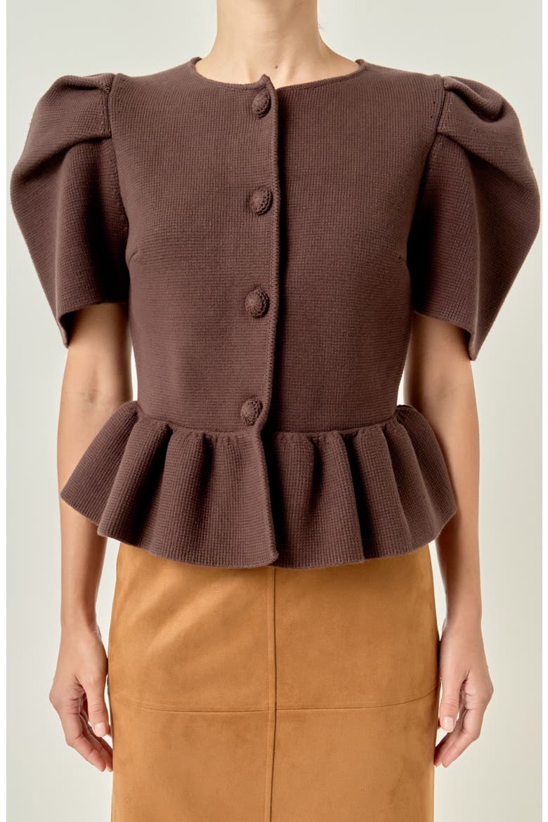 Puff Sleeve Peplum Top, Main, color, CHOCOLATE BROWN