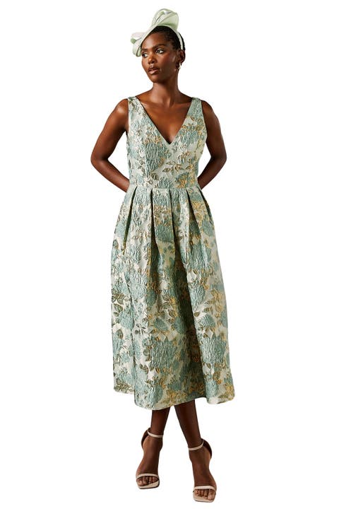 V-Neck Jacquard Midi Dress