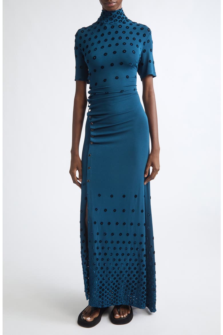 Flocked Dot Cutout Jersey Gown, Main, color, DEEP LAKE