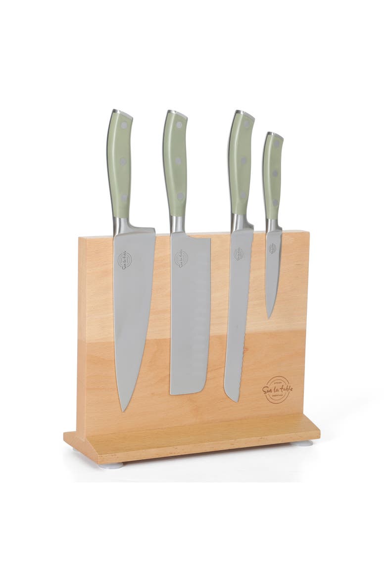 5-Piece High-Carbon German Steel Knife Set with Magnetic Beechwood Block, Main, color, Juniper Green