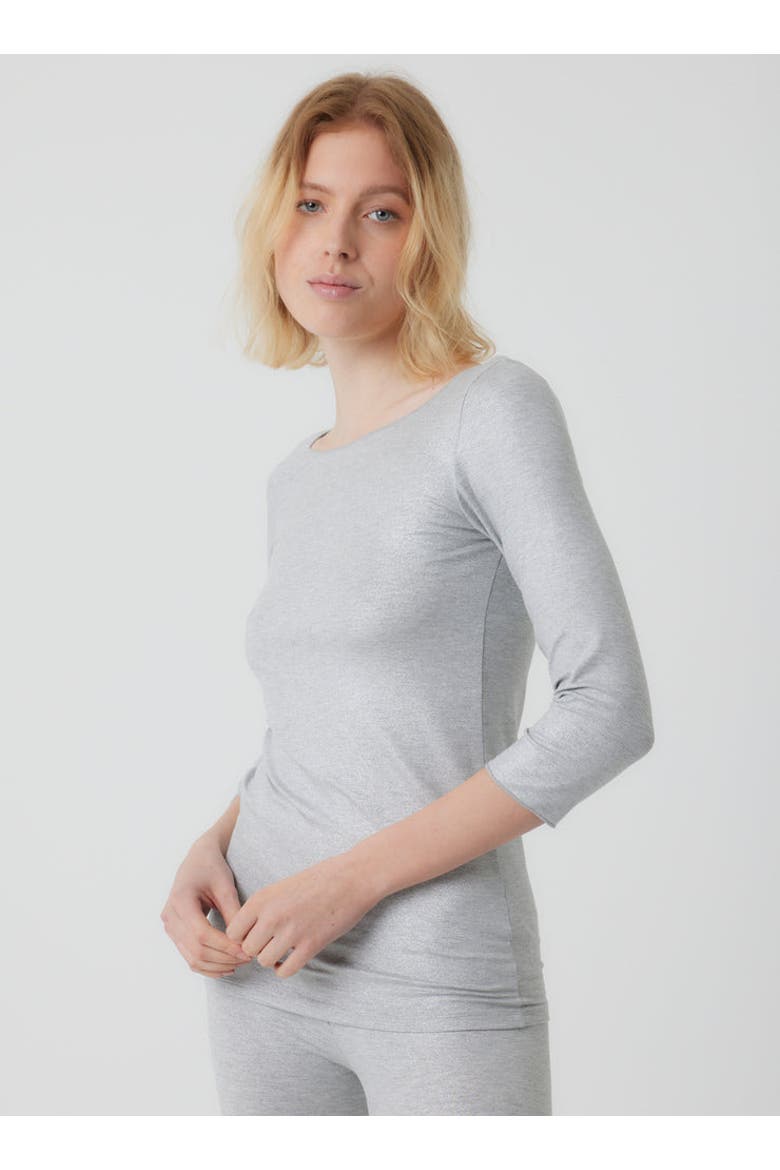 Metallic 3/4 Sleeve Boatneck Top with Merrow Edge, Main, color, METAL GREY