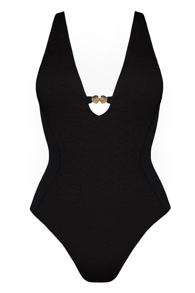 Mega Sculpting Plunge Keyhole Cheeky Cut One Piece Swimsuit, Alternate, color, Crinkle Black