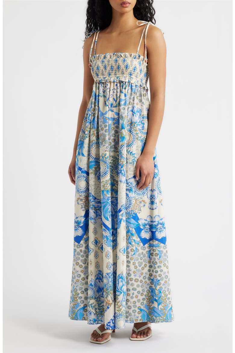 Print Smocked Bodice Tie Shoulder Maxi Dress, Main, color, WHITE/ BLUE