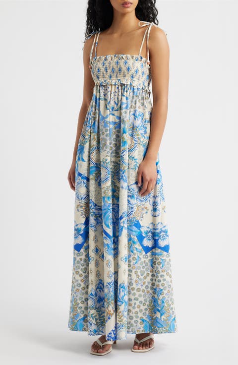 Print Smocked Bodice Tie Shoulder Maxi Dress