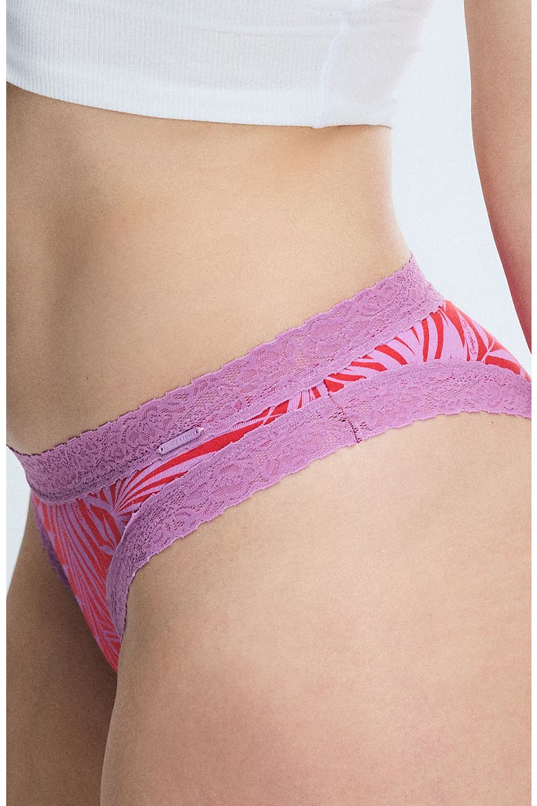 Essentials Lace Trim Stretch Cotton Cheeky Briefs, Alternate, color, AFFECTION RED KEEP PALM PRINT