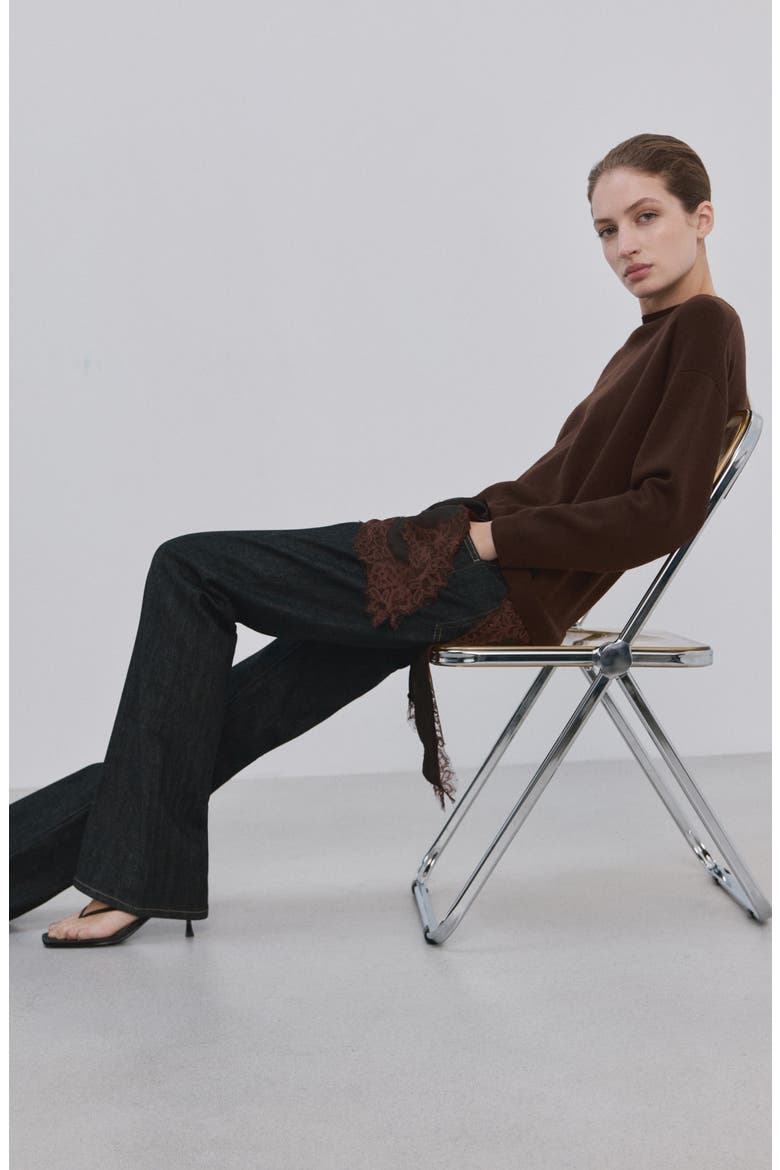 Mixed Media Asymmetric Hem Lace Trim Sweater, Alternate, color, CHOCOLATE
