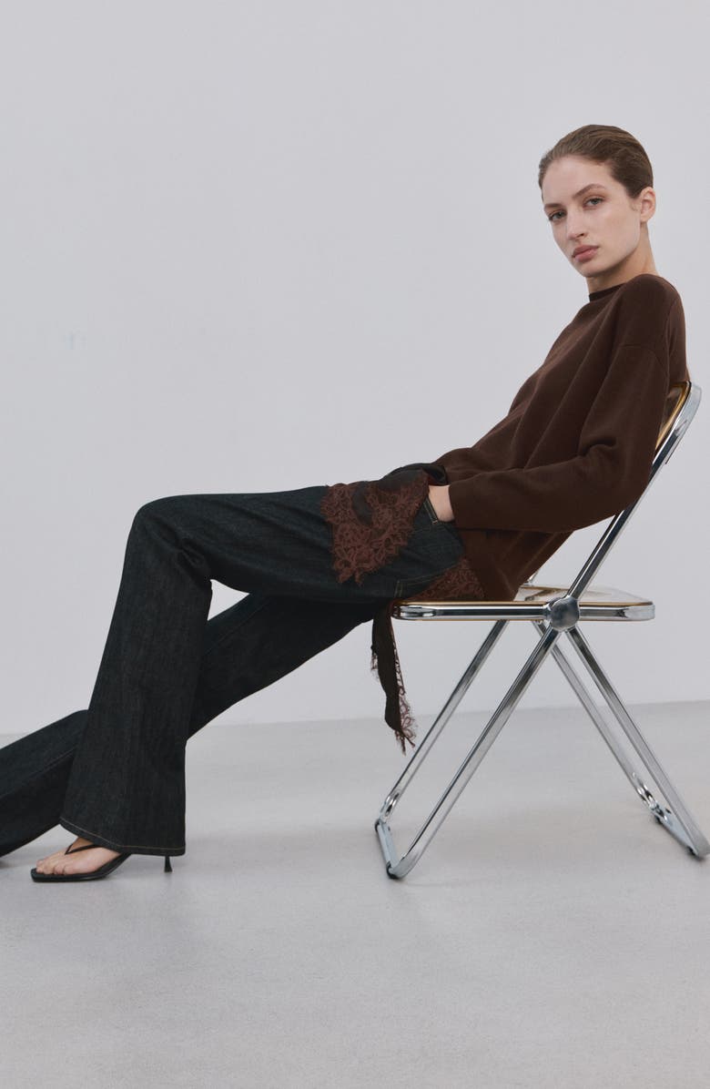 MANGO Mixed Media Asymmetric Hem Lace Trim Sweater, Alternate, color,