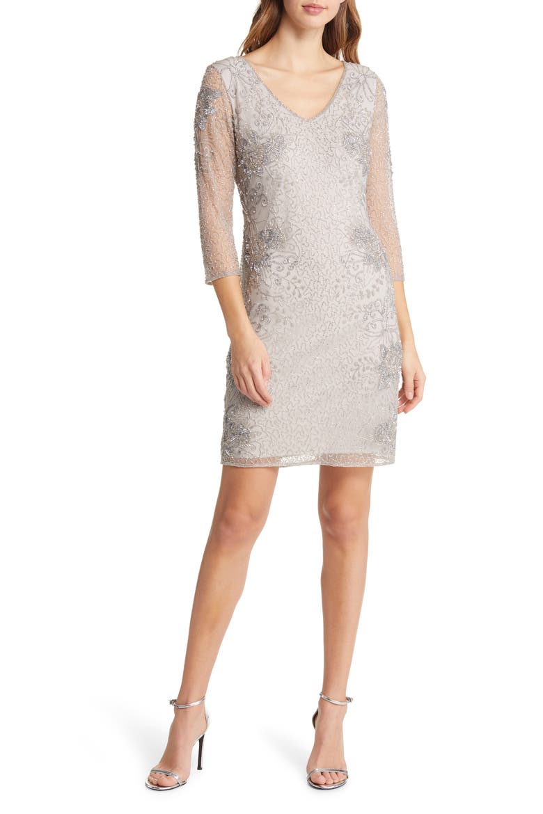 Beaded V-Neck Cocktail Dress, Main, color, SILVER