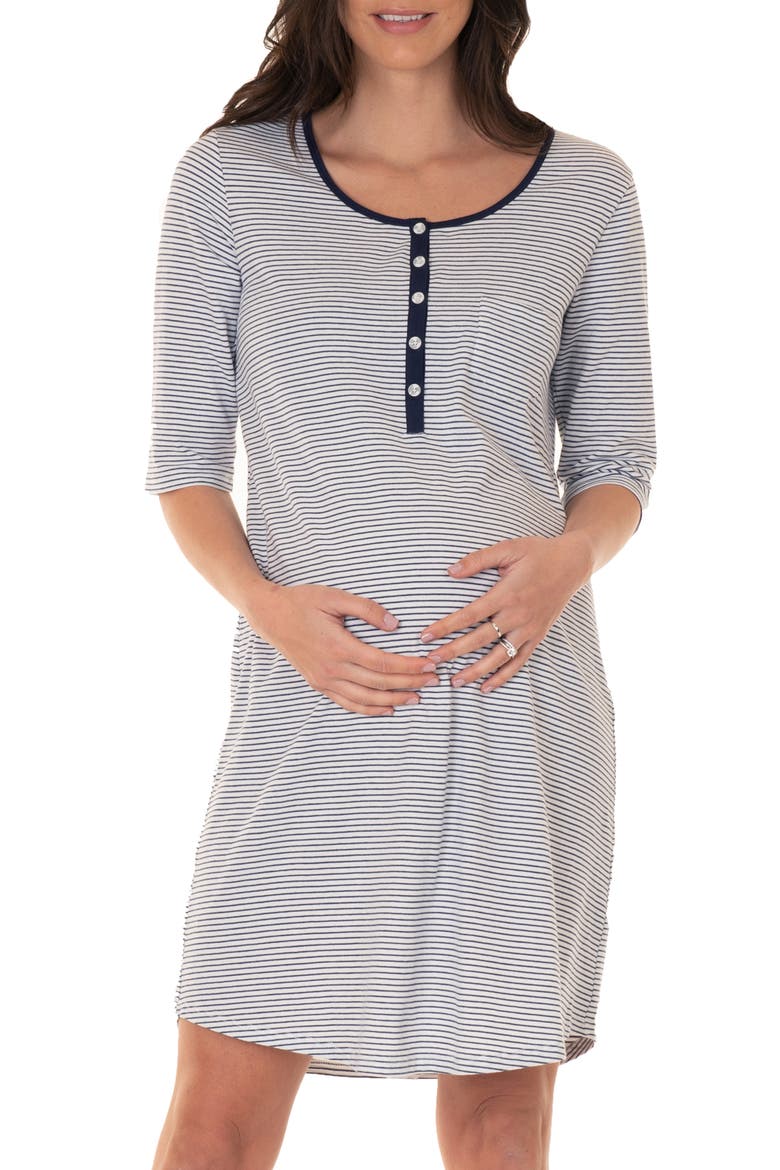 Maternity/Nursing Sleep Dress, Main, color, WHITE/ NAVY STRIPES