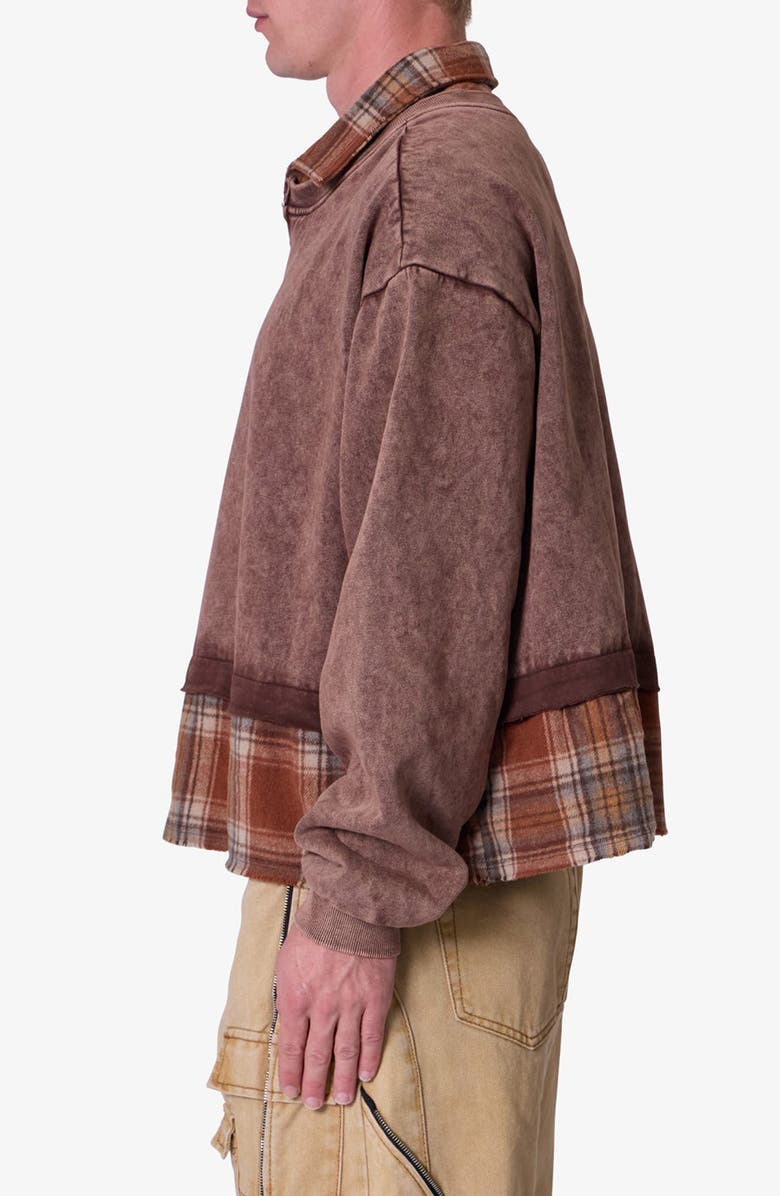 mnml Plaid Flannel Layered Look Crewneck Sweatshirt, Alternate, color, Brown