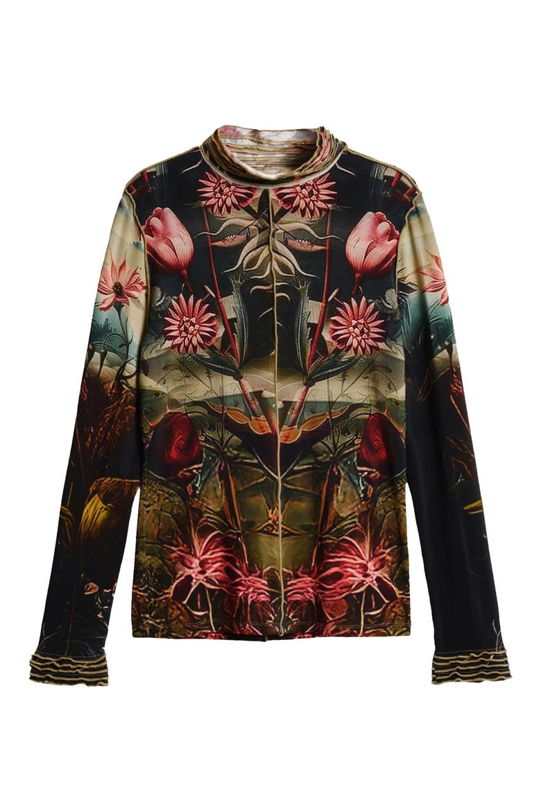 Floral Print Long Sleeve T-Shirt, Alternate, color, BLACK