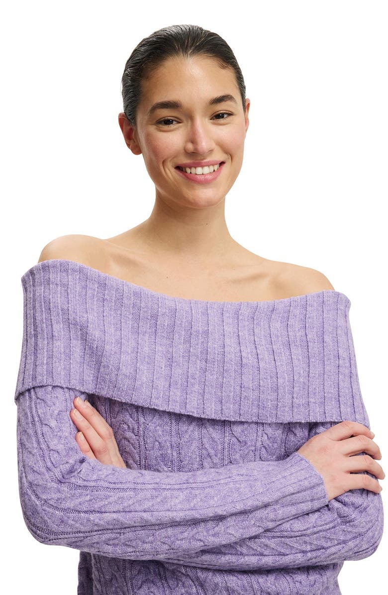 Cotton On Women's Fluffy Cable Off Shoulder Knit, Alternate, color, Violet Crush Marle