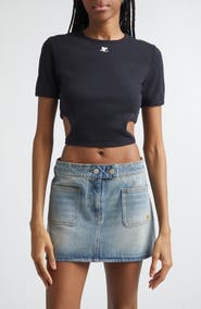 Courrèges Ribbon Cutout Crop Rib T-Shirt