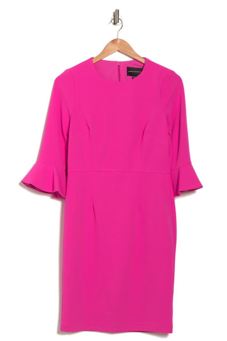 Bell Sleeve Crepe Sheath Dress, Alternate, color, ELEC PINK