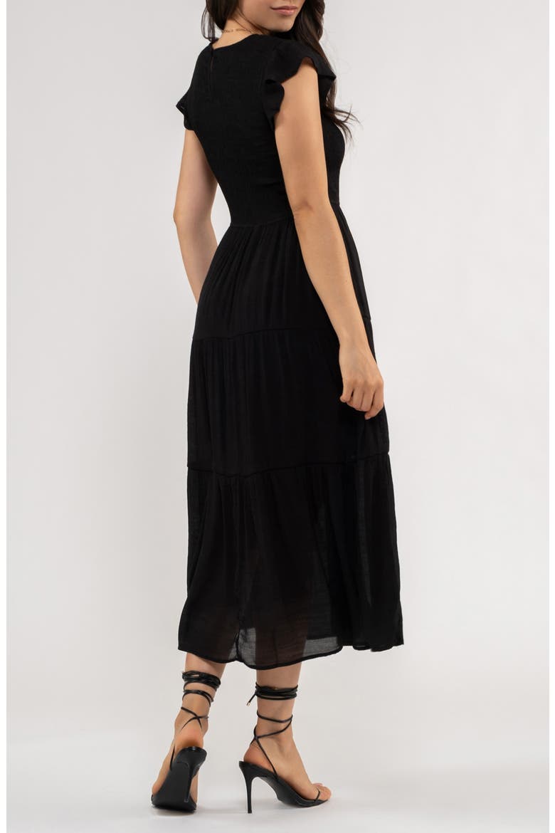 Flutter Sleeve Smocked Tiered Midi Dress, Alternate, color, BLACK