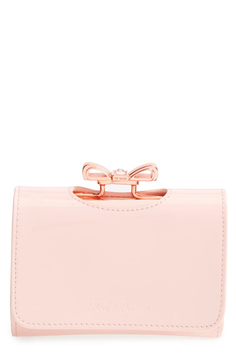 'Crystal Bow - Small' Patent Leather Clutch Wallet, Main, color, LIGHT PINK