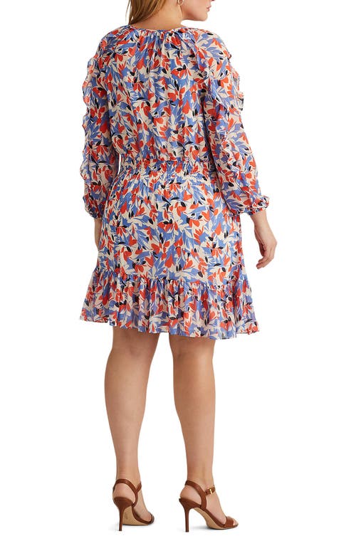 Ralph Lauren Ruffle Long Sleeve Crinkled Georgette Dress In Blue/orange Multi